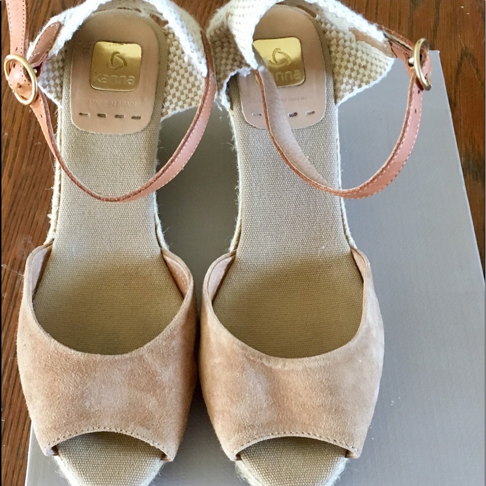 Tan leather suede wedge sandals